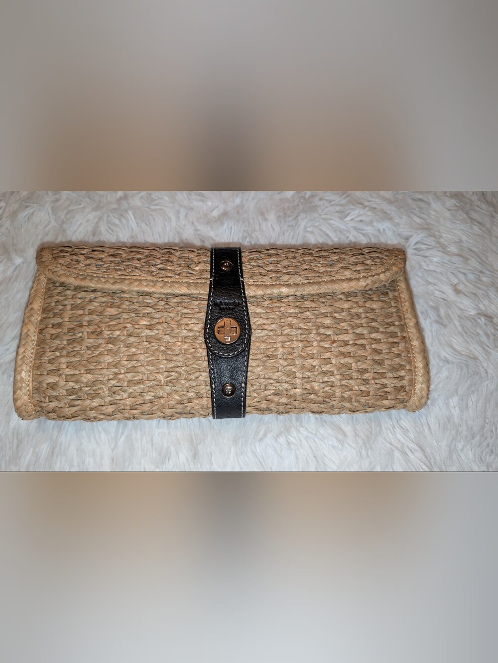 Kate Spade Raffia Woven Clutch  Natural Black Gold EUC